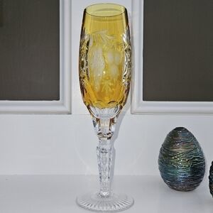 Champagne Flute Cut to Clear Grape Leaf Pattern Thumb Print Stem Wine Glass